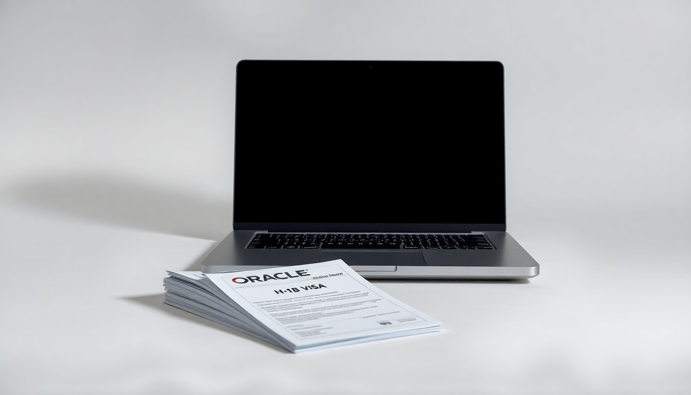 A high-end, photorealistic studio still-life photograph featuring a stack of H-1B visa application forms and a laptop computer on a clean, monochromatic background, conceptually representing the abstract corporate strategy behind Oracle's foreign worker hiring amid mass layoffs.