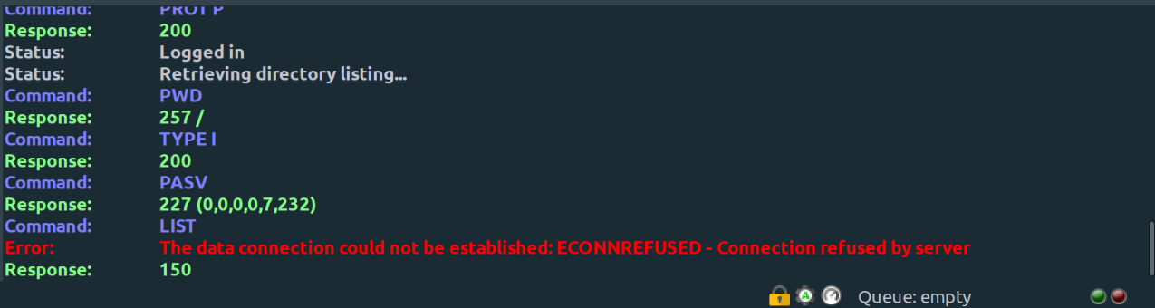 FileZilla error when retrieving file list - connection refused