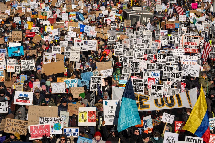 A sea of anti-ICE signs at a protest in Minneapolis.