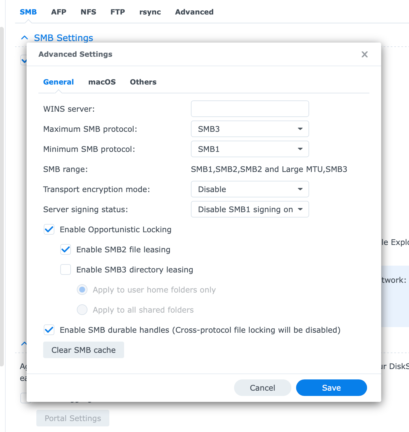 My SMB settings, as of DSM 7.3.2-86009-1
